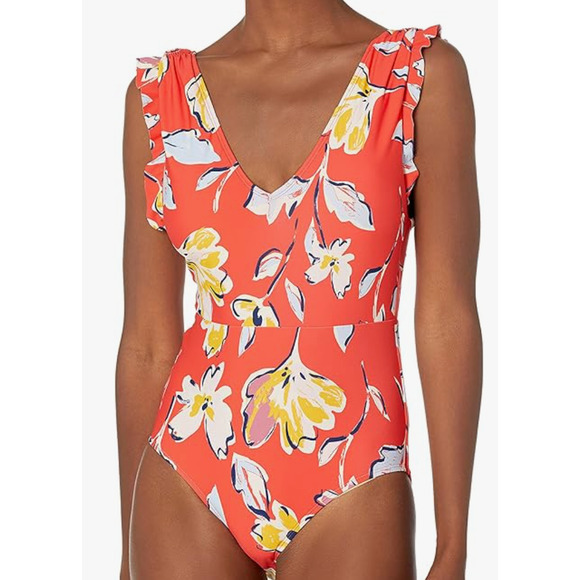 Catalina Swimwear Orange Floral Ruffle Sleeve Swimsuit One Piece Medium - Picture 1 of 7